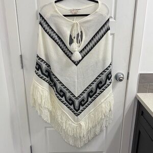 Free People Cream‎ and Black Geometric Poncho with Fringe OS